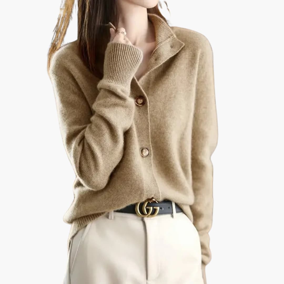 Women's relaxed fit knit cardigan with ribbed collar, button front closure, versatile everyday layering piece