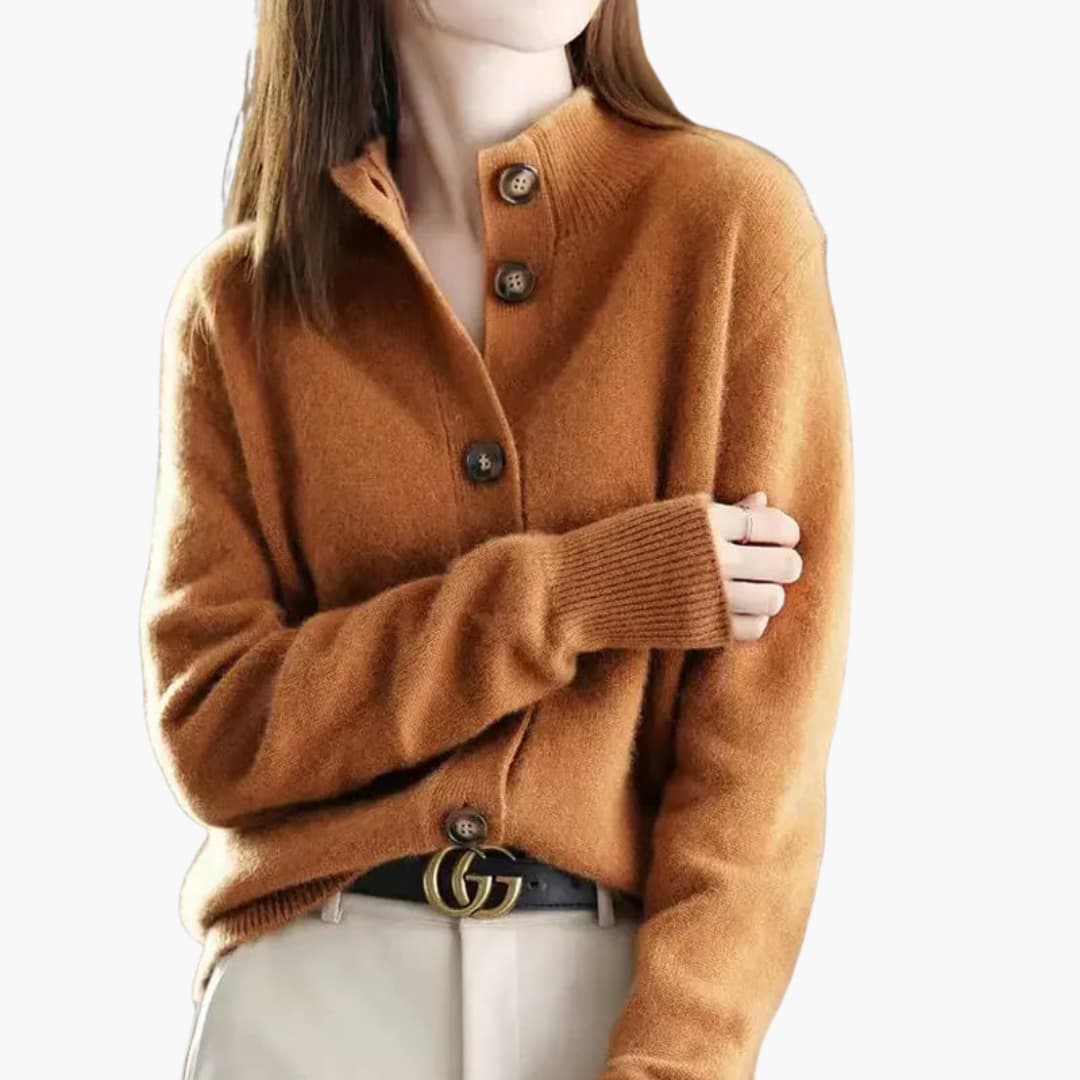 Women's relaxed fit knit cardigan with ribbed collar and cuffs, buttoned front closure for everyday wear