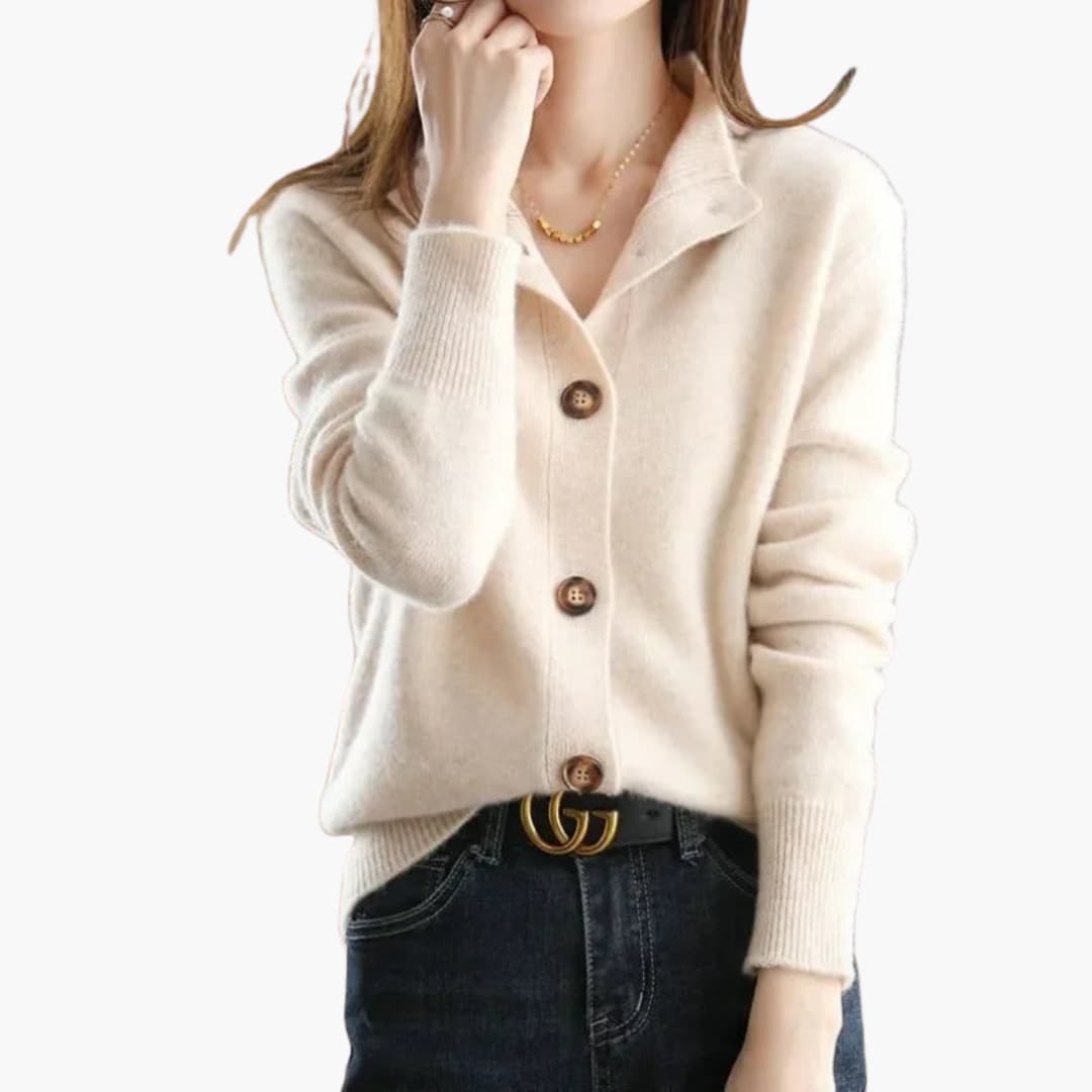Women's relaxed fit knit cardigan with ribbed collar and cuffs, buttoned front closure everyday style