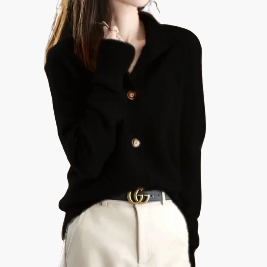 Women's relaxed fit knit cardigan with ribbed collar and cuffs, buttoned front closure for everyday wear
