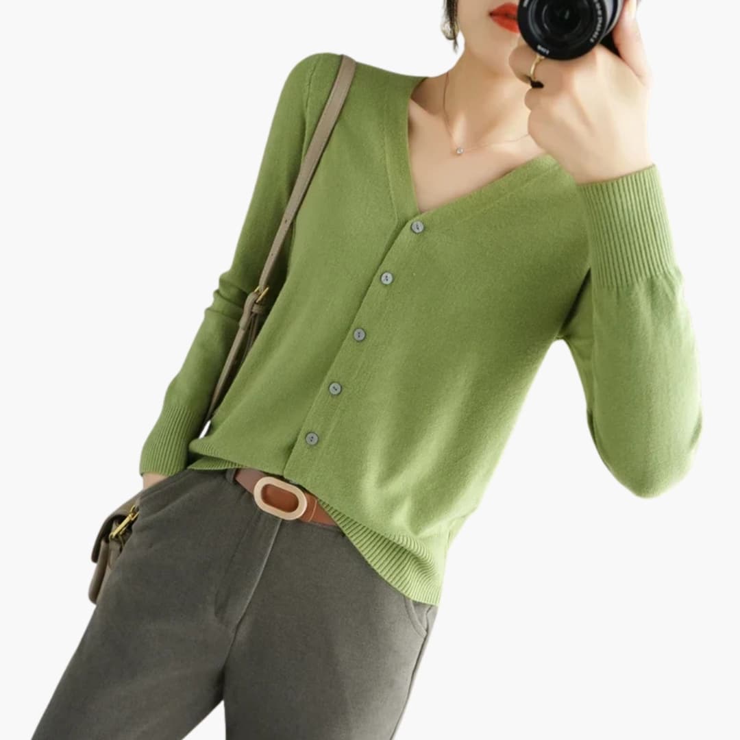Women's ribbed cuff V-neck cardigan with button closure, versatile everyday layering essential