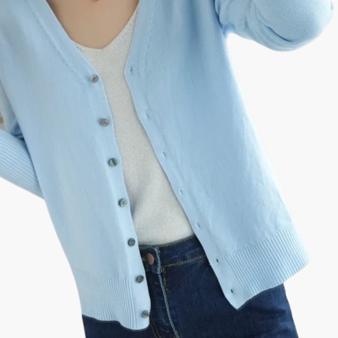 Women's ribbed cuff V-neck cardigan with button closure, versatile everyday layering essential
