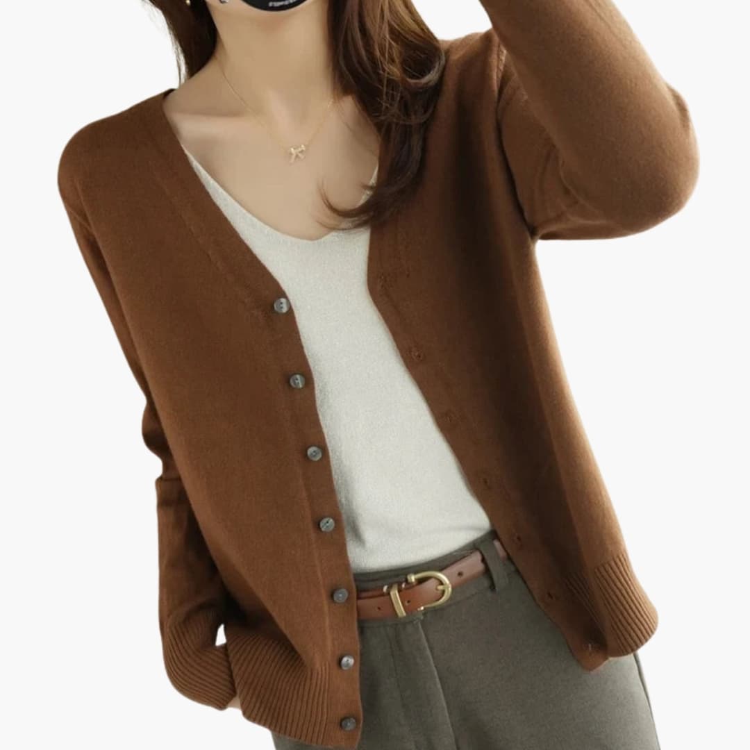 Women's ribbed cuff V-neck cardigan with button closure, versatile everyday layering essential