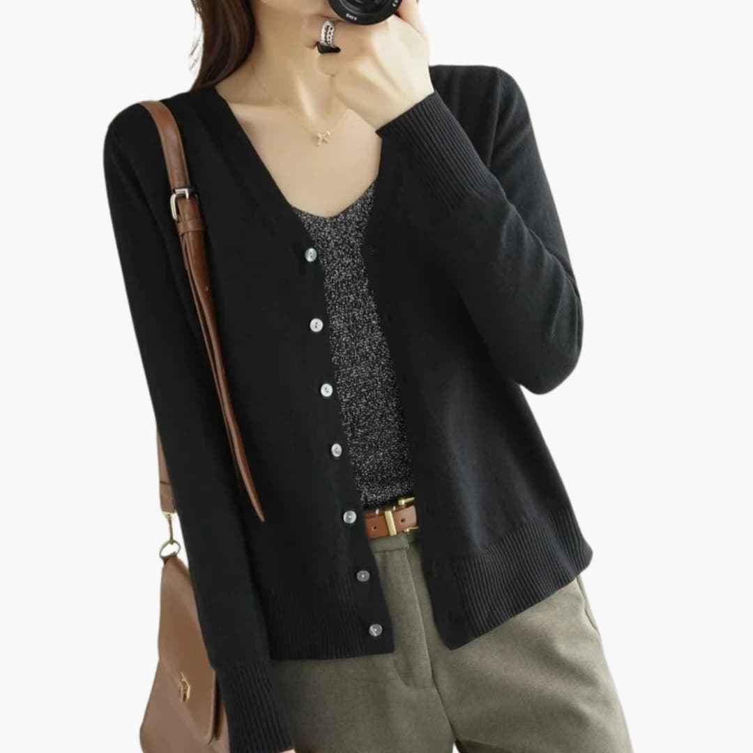 Women's ribbed cuff V-neck cardigan with button closure, versatile everyday layering essential