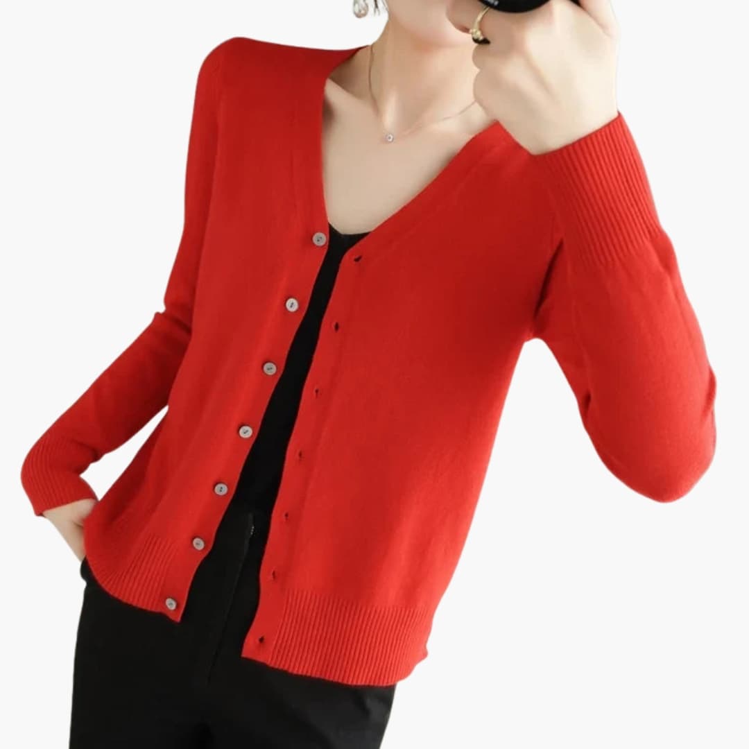 Women's ribbed-cuff V-neck cardigan with button closure, versatile everyday layering essential