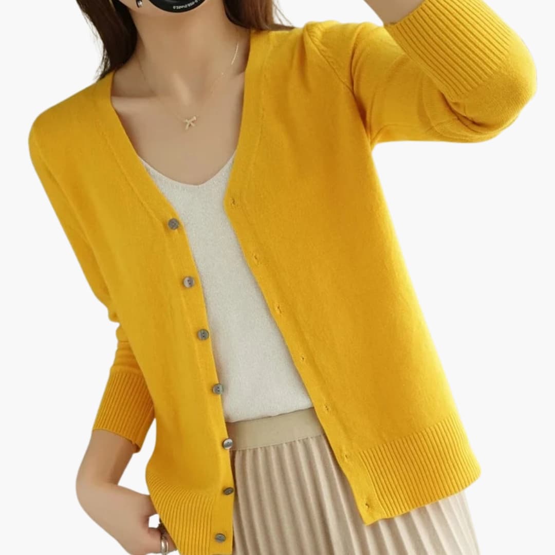 Women's ribbed cuff V-neck cardigan with button closure, versatile everyday layering essential