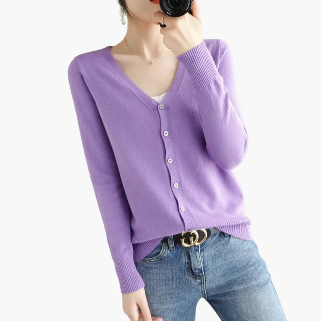 Women's ribbed cuff V-neck cardigan with button closure, versatile everyday layering essential