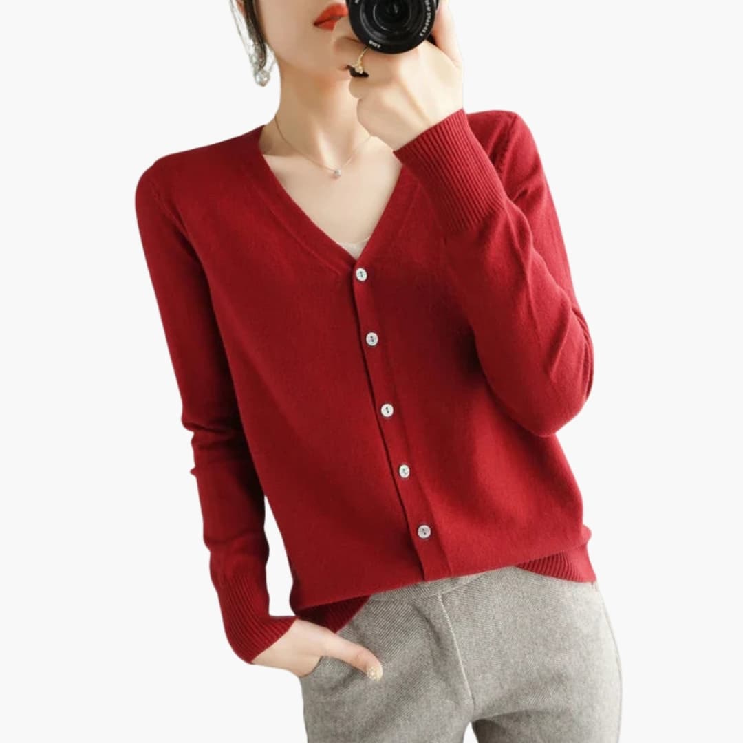 Women's ribbed cuff V-neck cardigan with button closure, versatile everyday layering essential