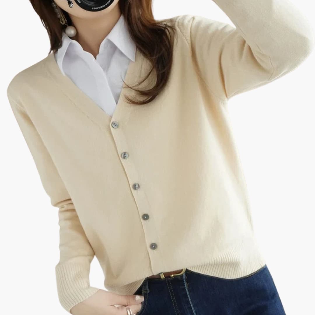 Women's ribbed cuff V-neck cardigan with button closure, versatile everyday layering essential
