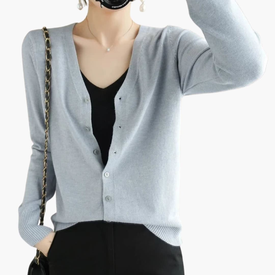 Women's ribbed cuff V-neck cardigan with button closure, versatile everyday layering piece