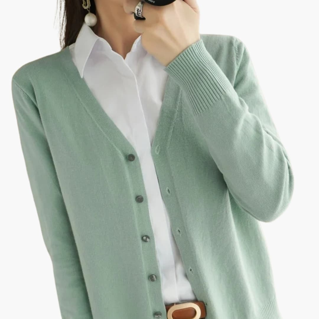 Women's ribbed cuff V-neck cardigan with button closure, versatile everyday layering essential