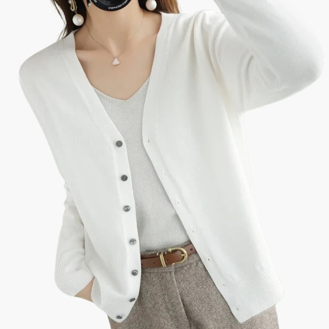 Women's ribbed cuff V-neck cardigan with button closure, versatile everyday layering essential