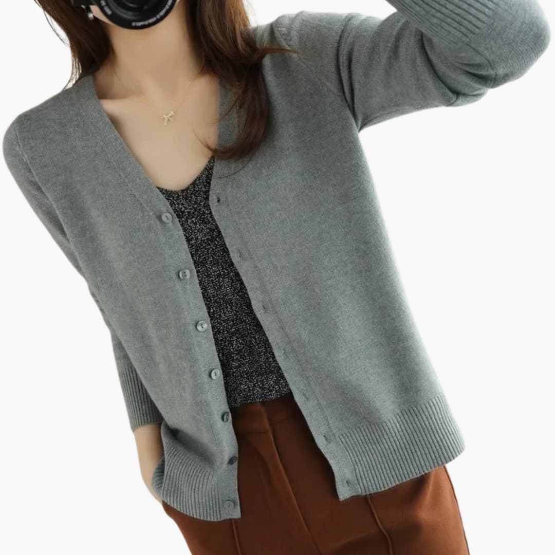 Women's ribbed cuff V-neck cardigan with button closure, versatile everyday layering essential