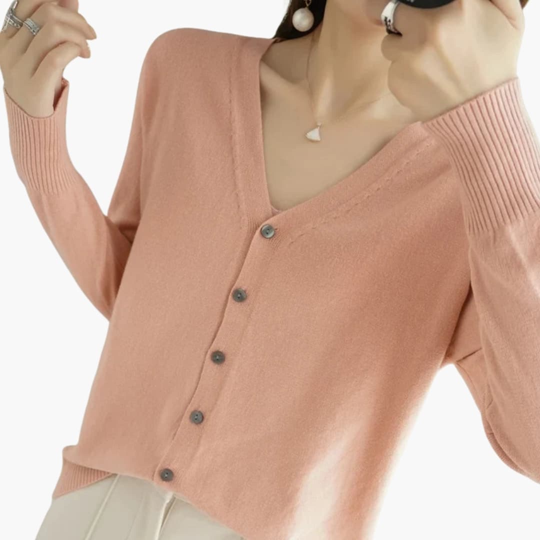 Women's ribbed cuff V-neck cardigan with button closure, versatile everyday layering essential