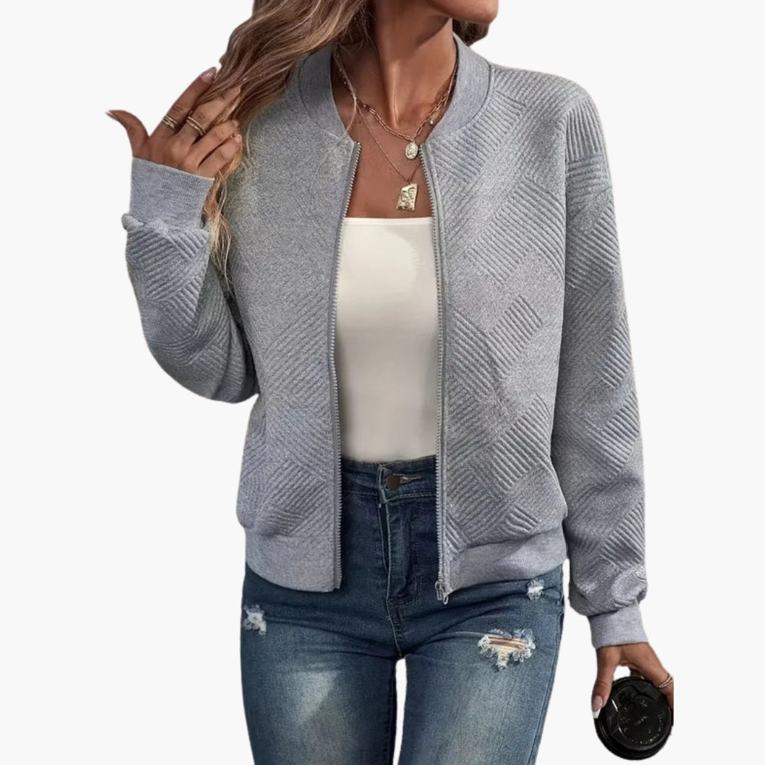 Women's zip cardigan textured knit collarless neckline ribbed hem layering piece everyday wear