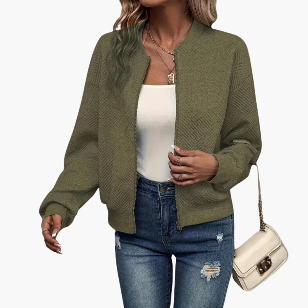 Women's zip cardigan textured knit collarless neckline ribbed hem layering piece everyday style
