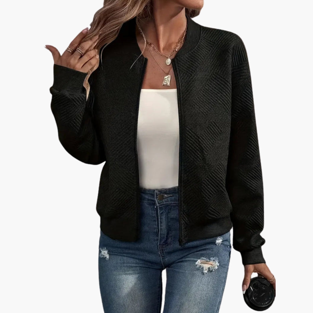 Women's zip cardigan collarless neckline geometric textured knit ribbed hem layering piece
