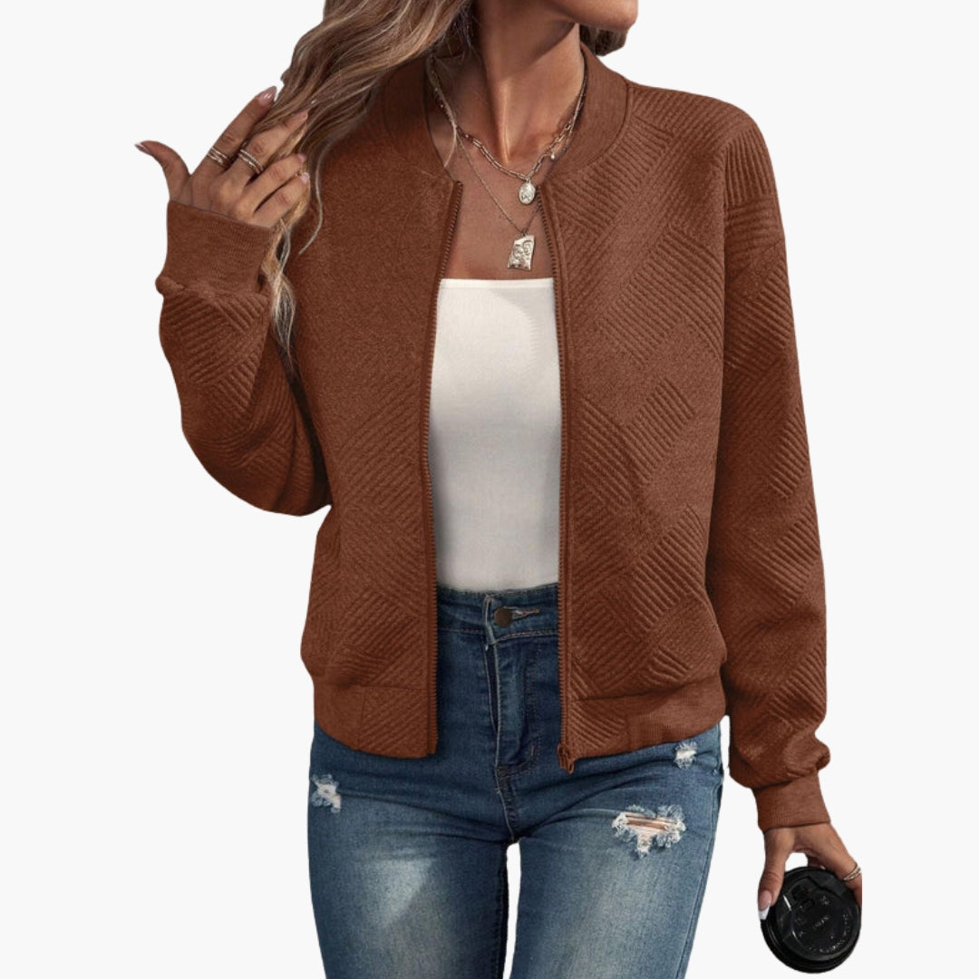 Women's zip cardigan textured knit collarless neckline ribbed hem layering piece everyday style