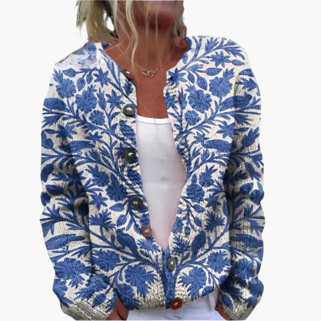 Women's floral print knit cardigan with button closure, long sleeve layering sweater in feminine style