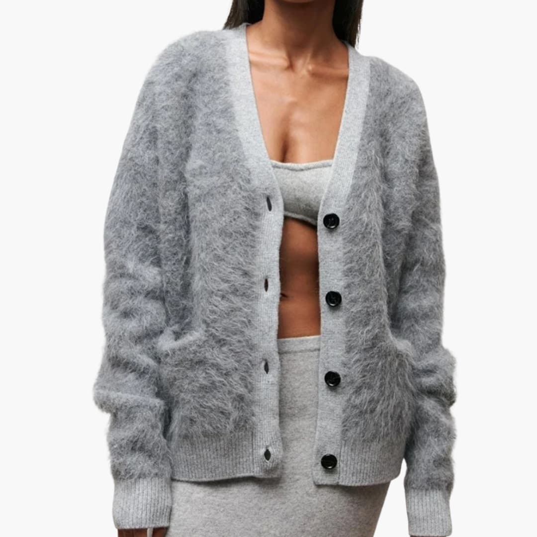 Women's textured knit cardigan with V-neck, button front, pockets, casual everyday style
