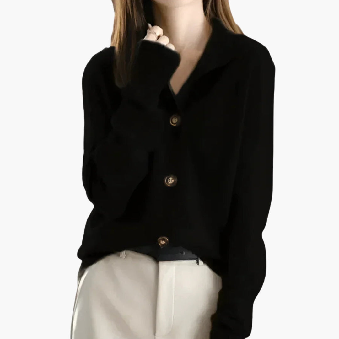 Women's relaxed-fit solid knit cardigan with ribbed cuffs and full-length button-front closure