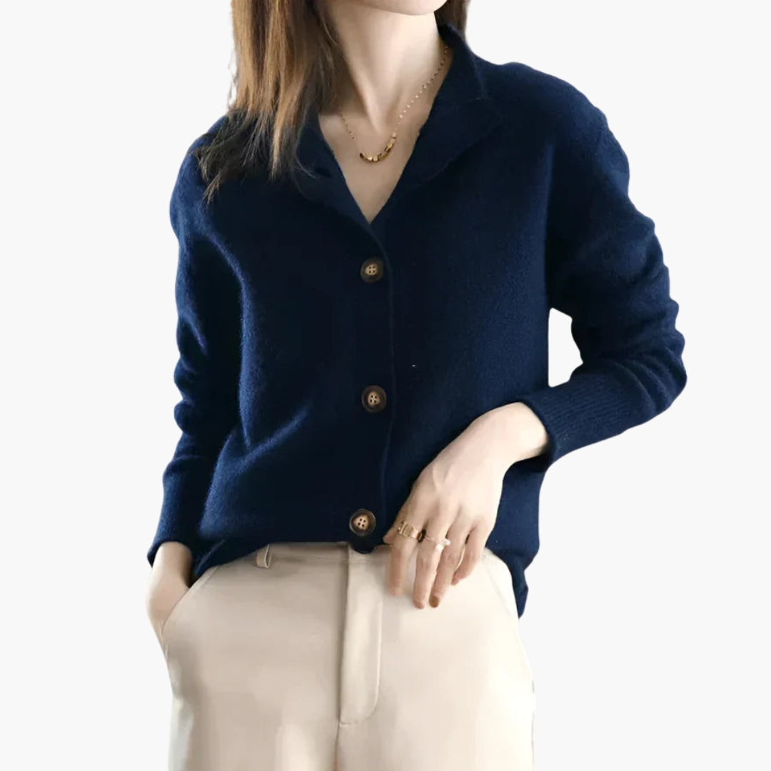 Women's relaxed-fit solid knit cardigan with ribbed cuffs and full-length button-front closure