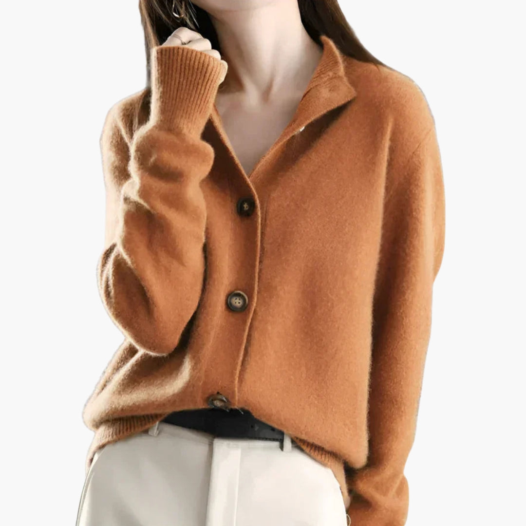 Women's relaxed-fit solid knit cardigan with ribbed cuffs and full-length button-front closure