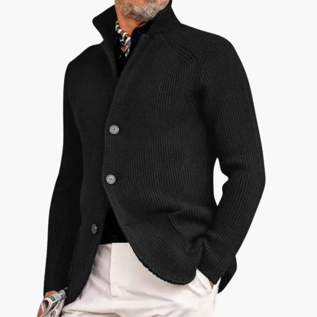 Men's smart casual cardigan with stand-up collar and button closure for refined layering