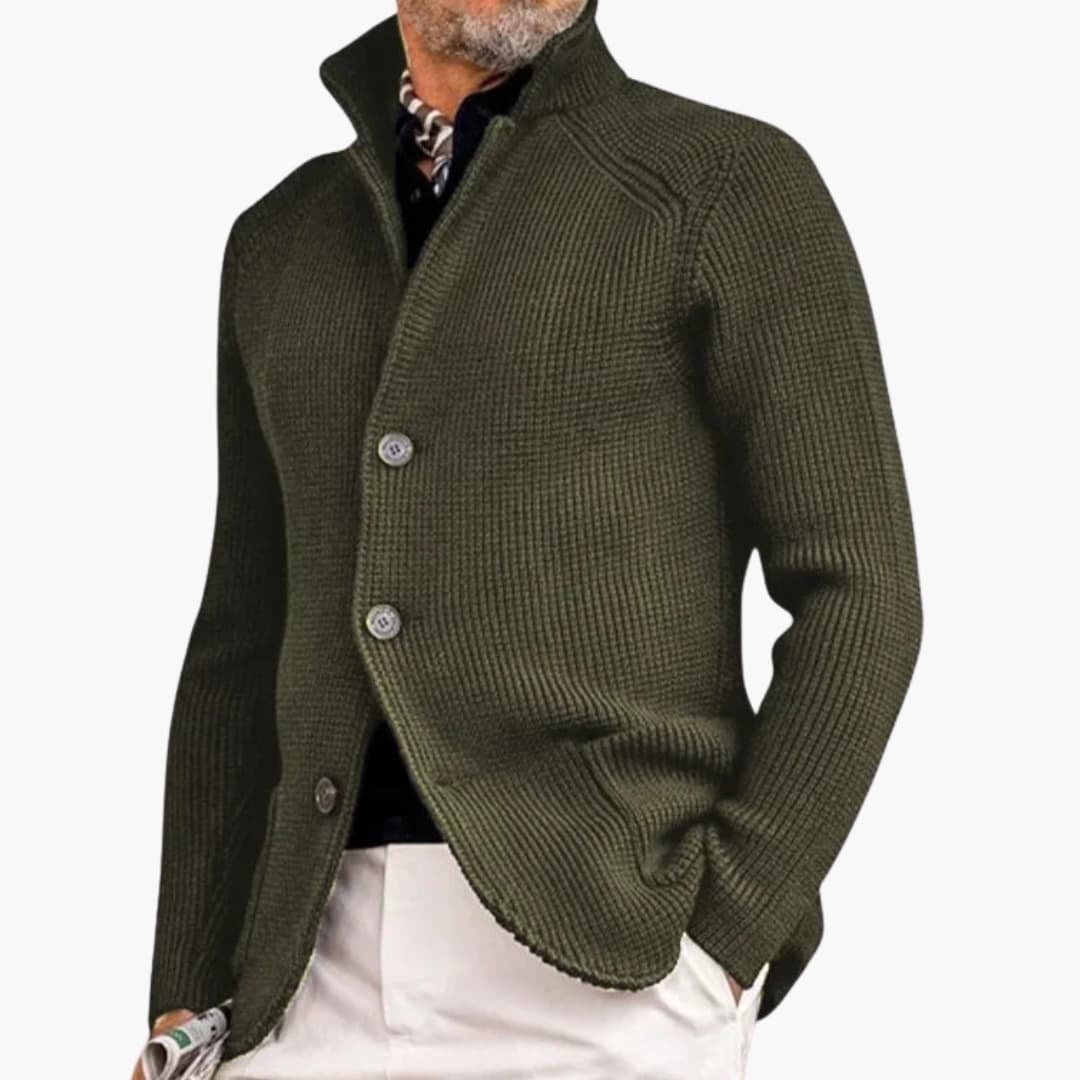 Men's smart casual cardigan with stand-up collar and front button closure for refined layering