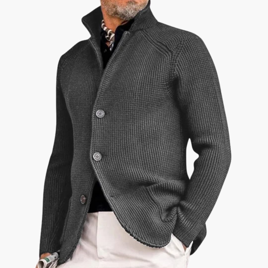 Men's smart casual cardigan with stand-up collar and front button closure for refined layering