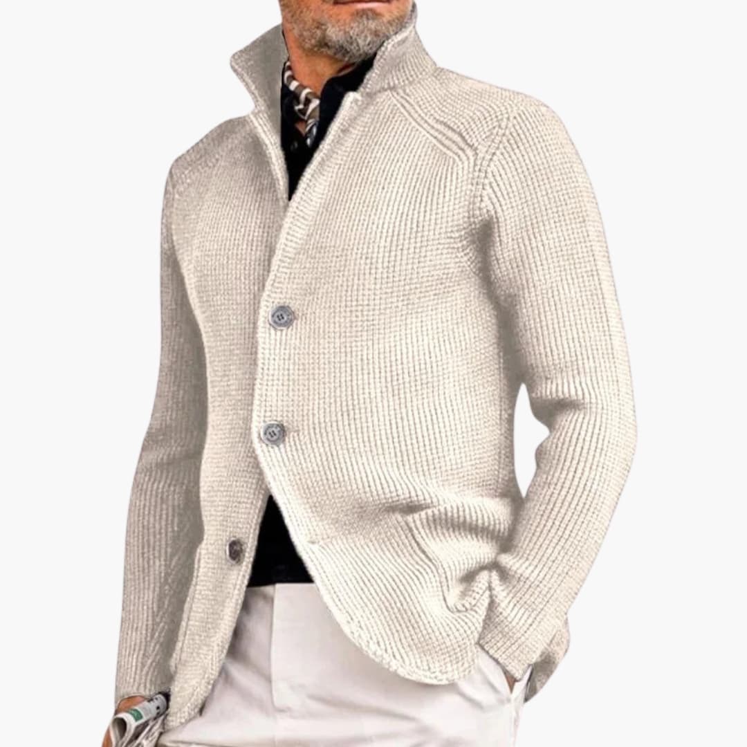 Men's smart casual cardigan with stand-up collar and button closure, clean modern silhouette