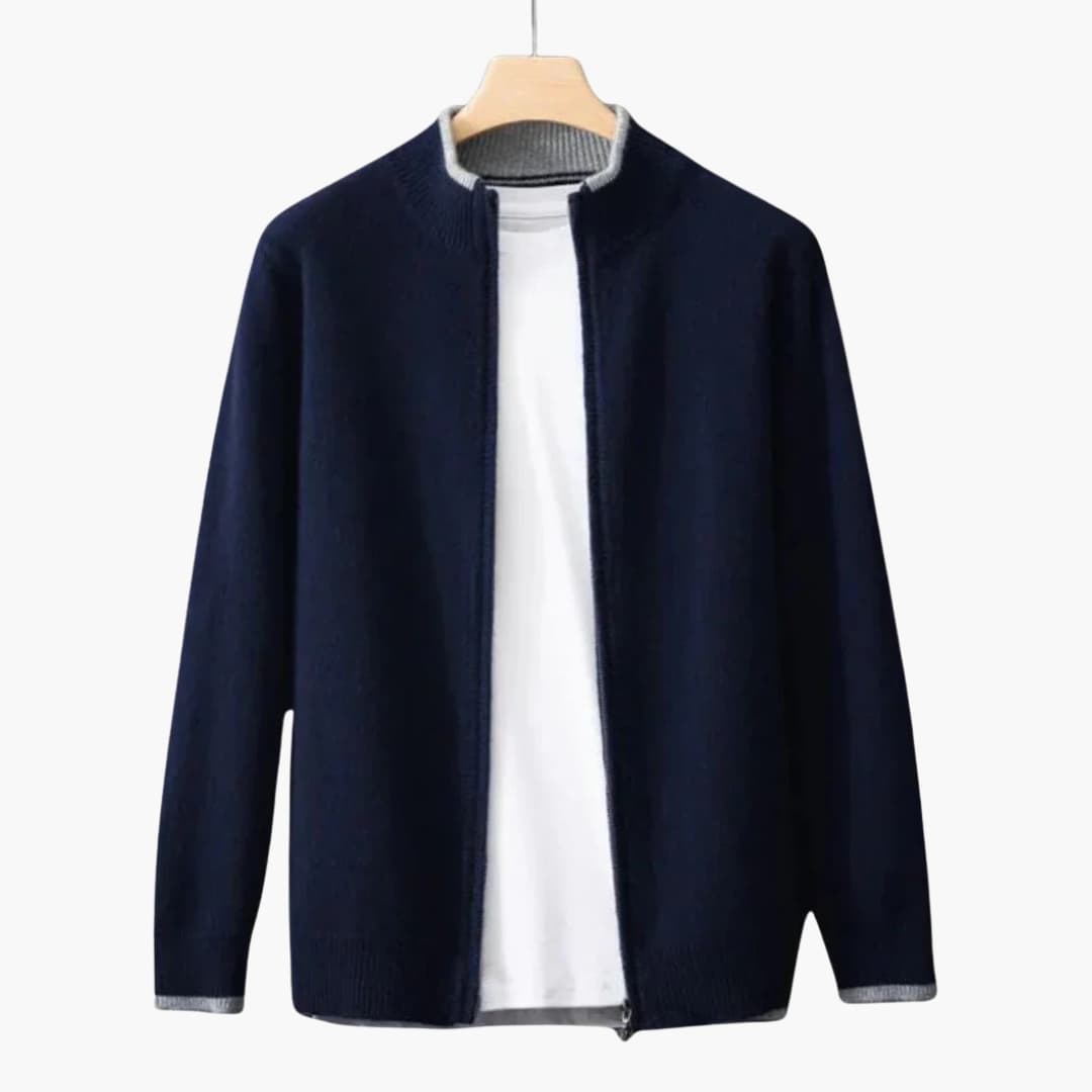 Men's textured knit cardigan stand-up collar front open minimalist everyday style