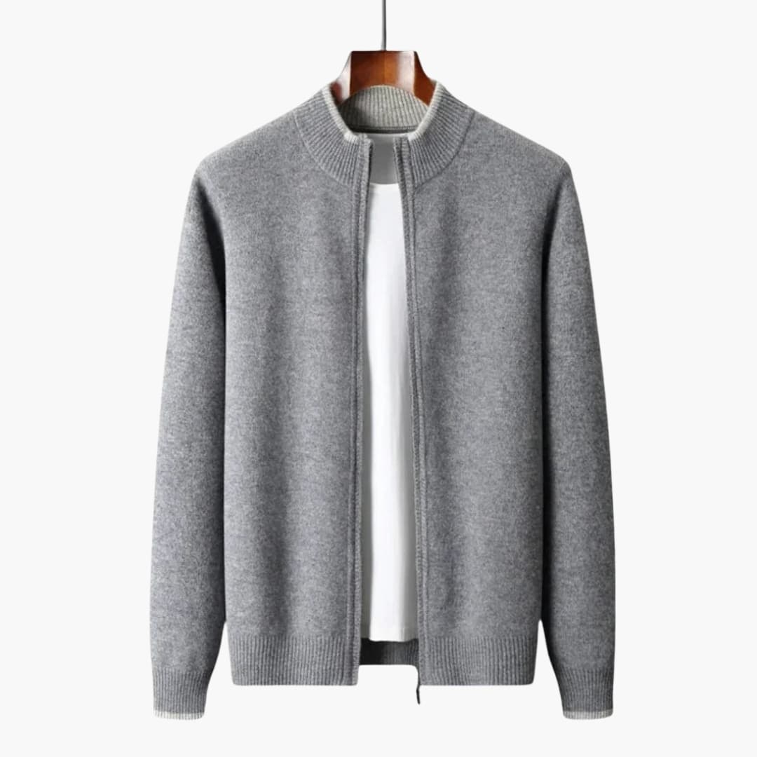 Men's textured knit cardigan stand-up collar open front minimalist everyday style