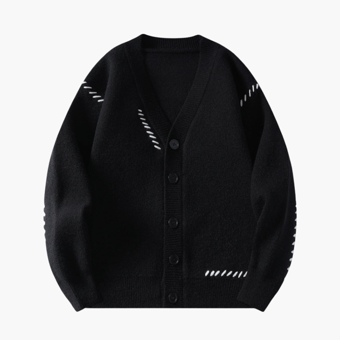 Men's navy knitted cardigan V-neck button-front closure ribbed hem topstitch smart casual fit