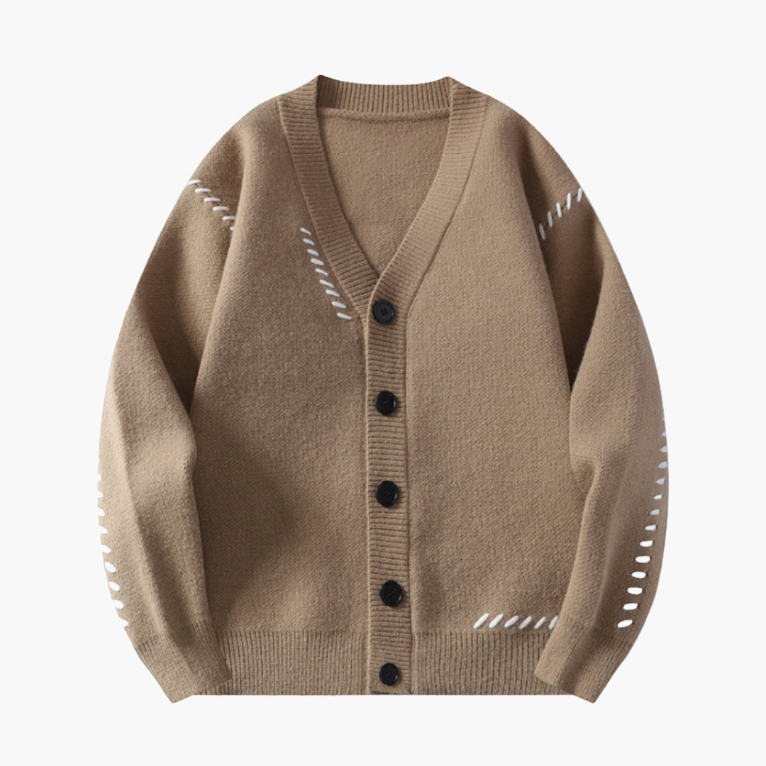 Men's gray ribbed knit cardigan V-neck button closure topstitch detail smart casual fit