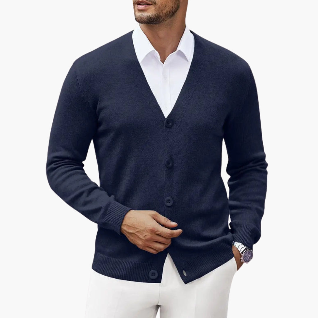 Men's knit cardigan V-neck button closure layering essential blended warm structured silhouette