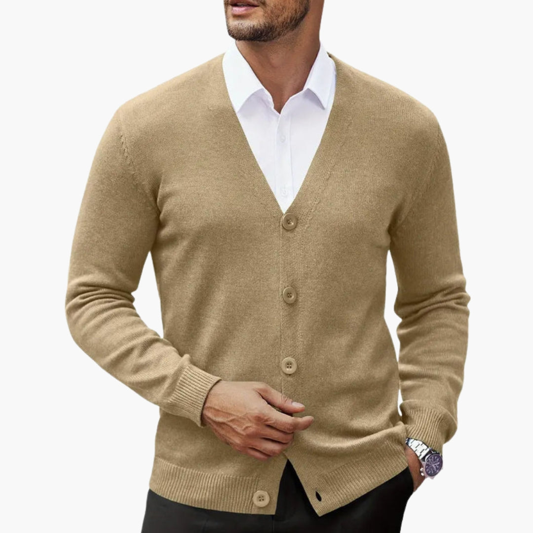 Men's knit cardigan V-neck button closure polyester blend structured layering essential warm