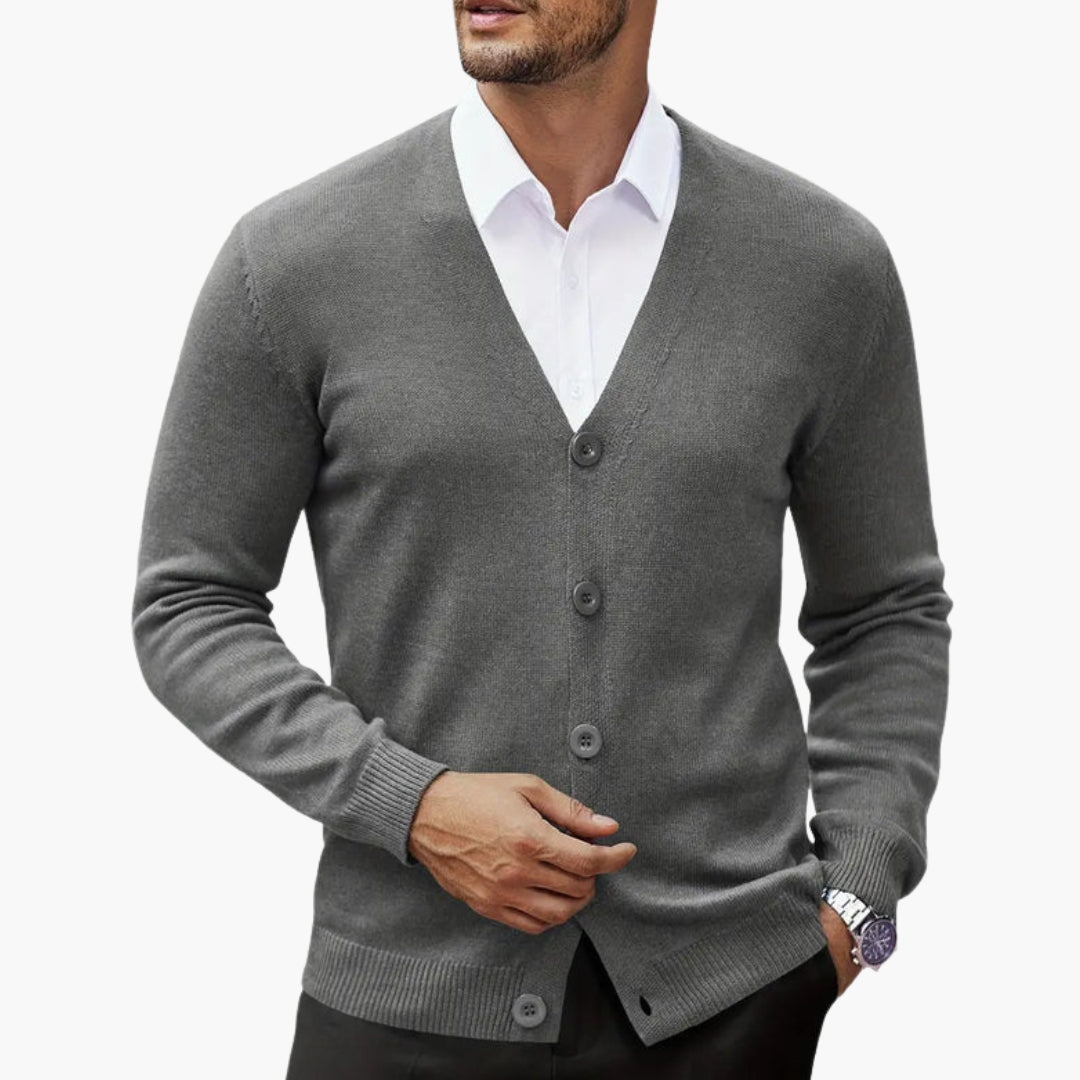 Men's blended knit cardigan V-neck button-front closure slim layering essential moderate warmth