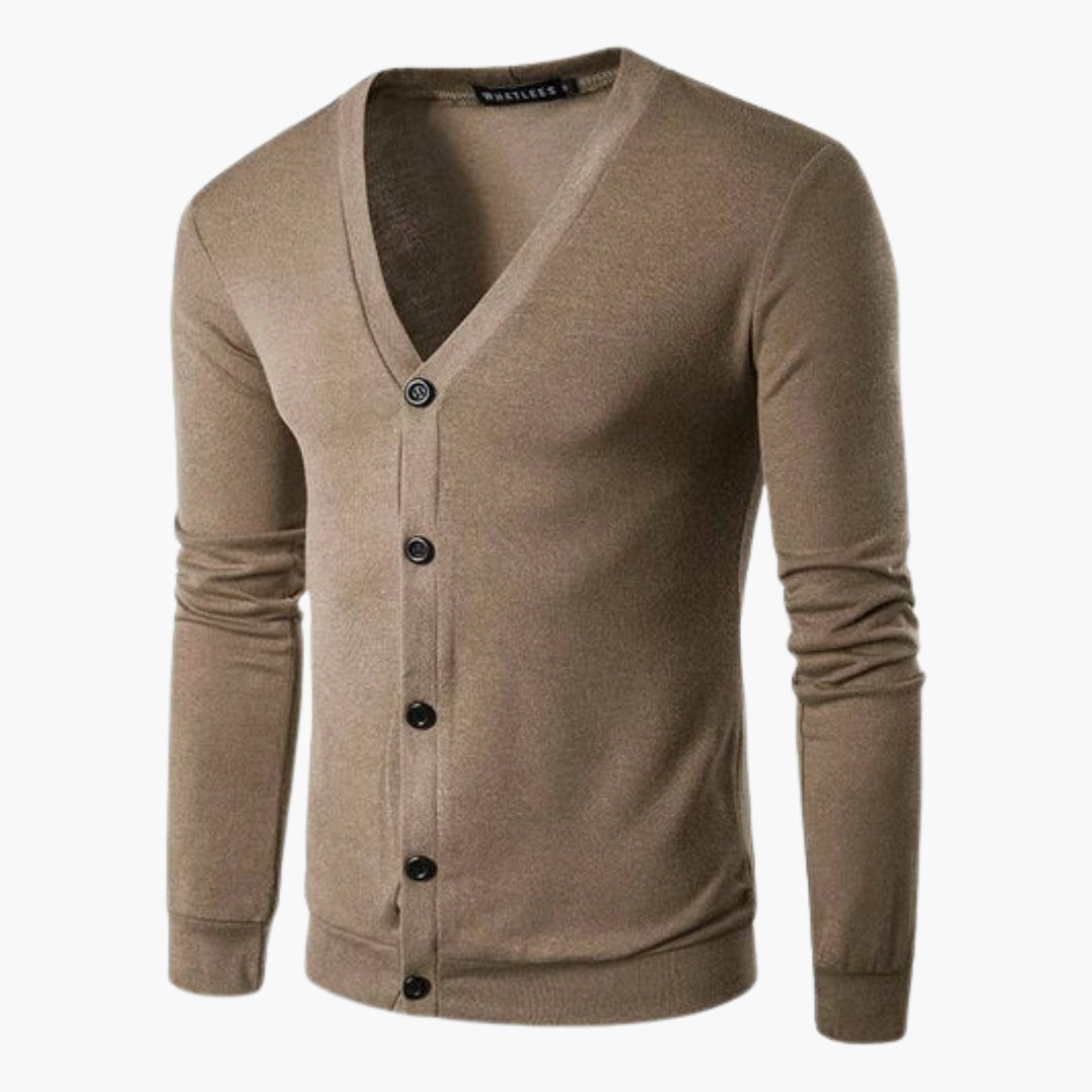 Men's knit cardigan V-neck button closure polyester blend structured layering essential warm