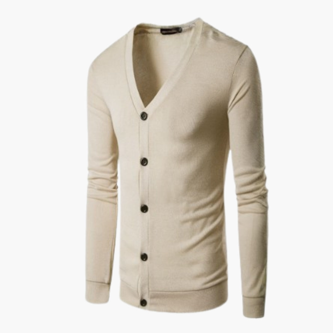 Men's knit cardigan V-neck button closure layering essential blended warm structured silhouette