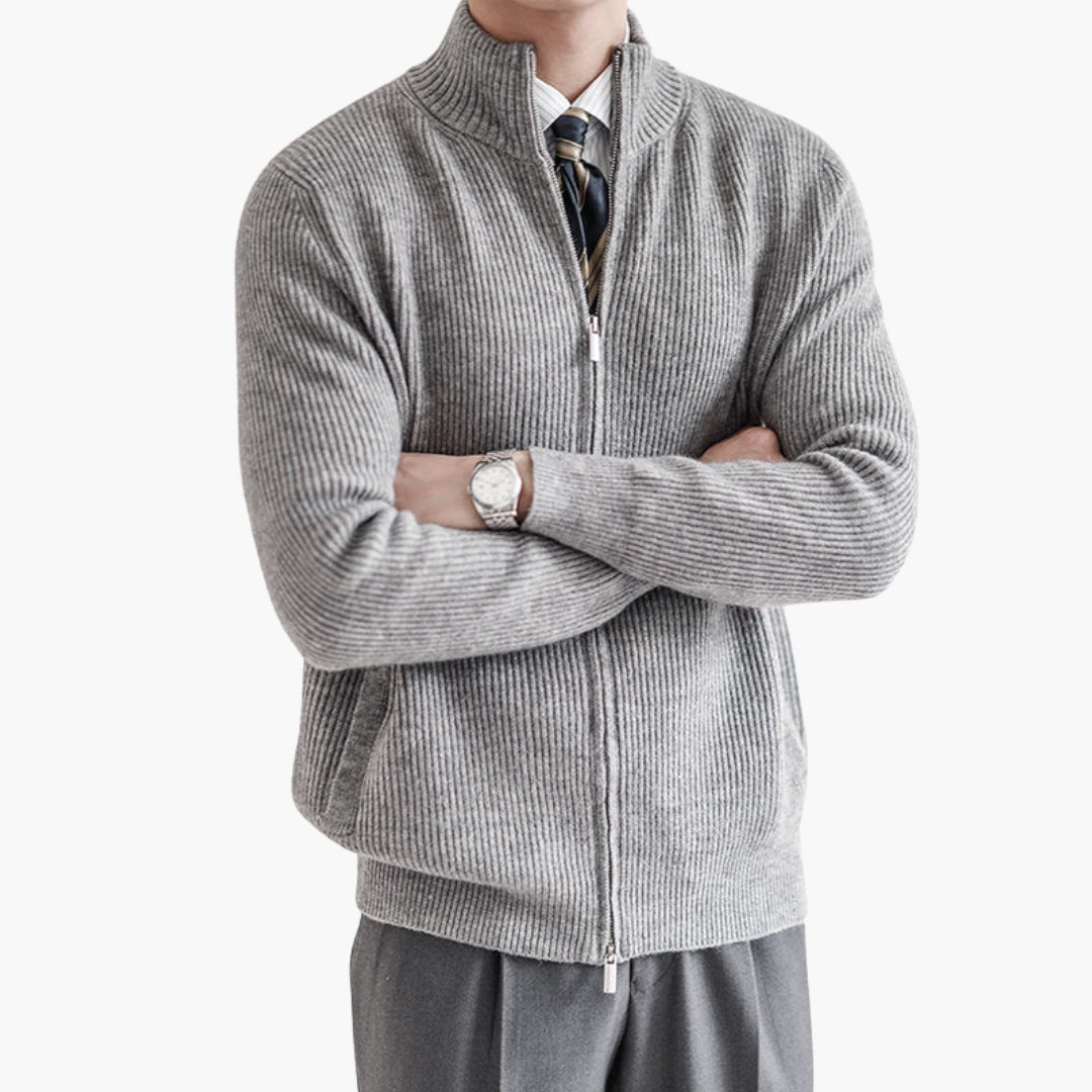 Men's ribbed knit zip-front cardigan stand collar stretch fabric shape retention layering essential