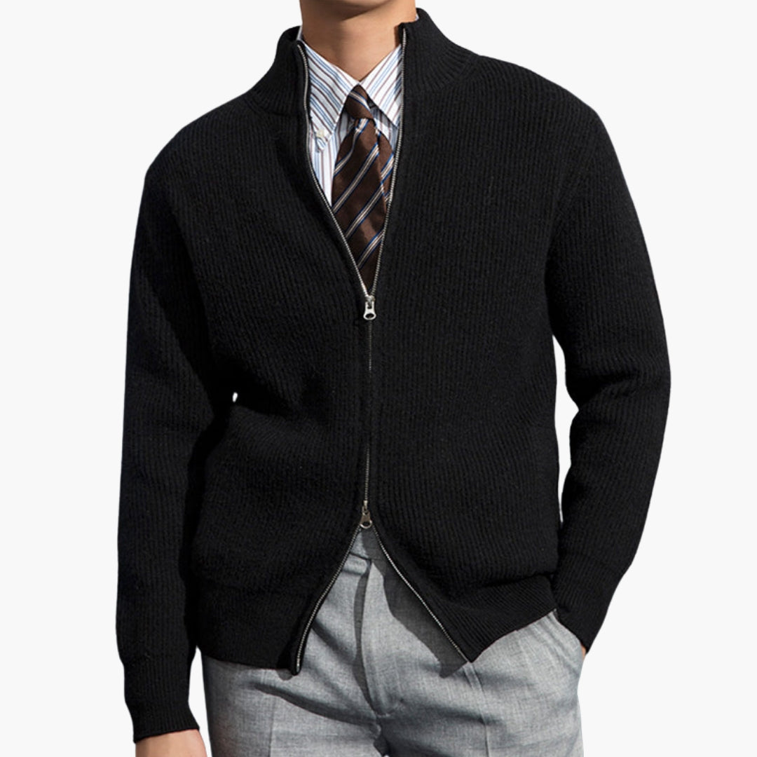 Men's ribbed knit zip-front cardigan stand collar stretch blend for shape retention