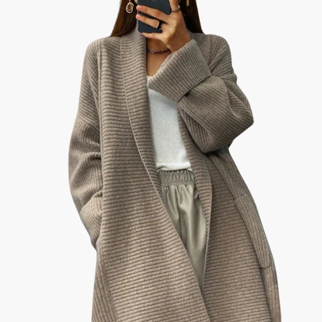 Women's long ribbed open-front cardigan with front pockets, cozy knit layering piece for everyday wear