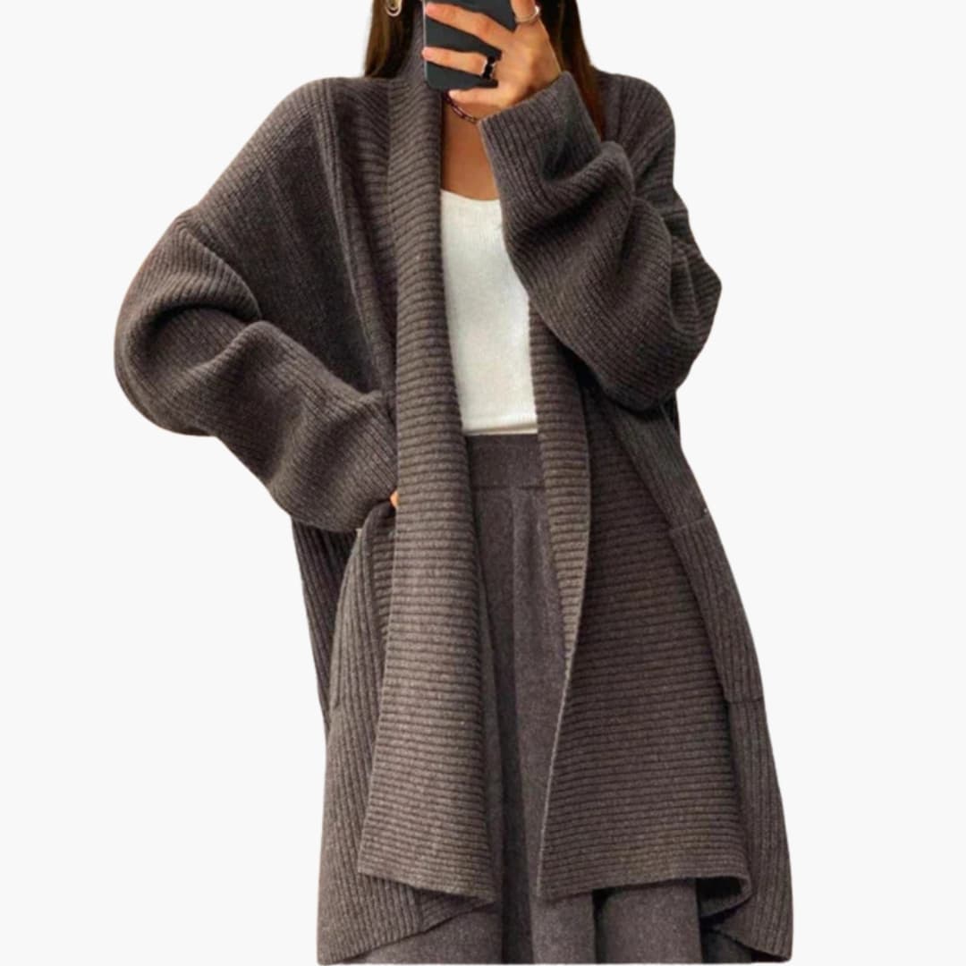 Women's long ribbed open-front cardigan with front pockets, cozy knit layering piece for everyday wear