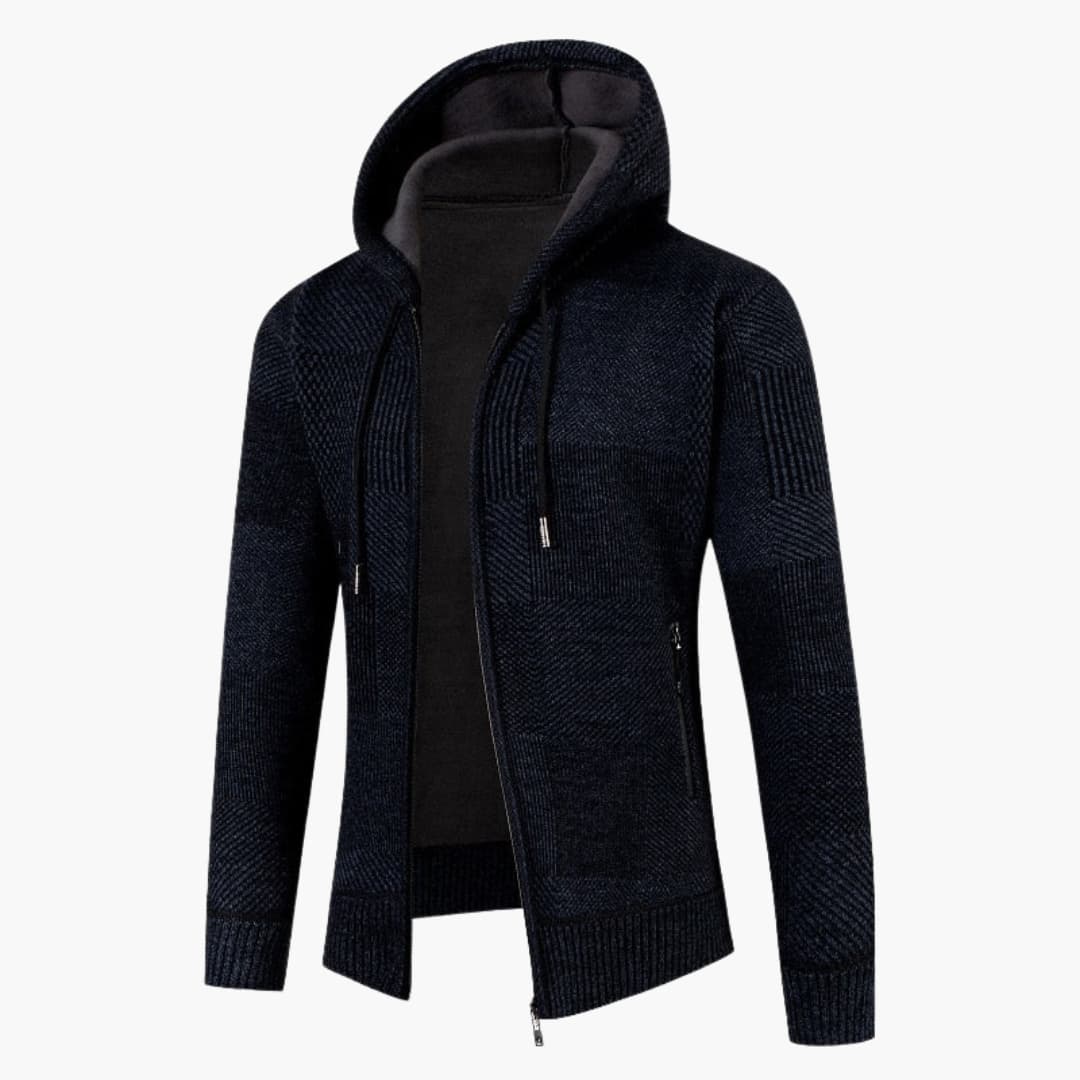 Men's hooded cardigan charcoal knit slim fit adjustable drawstring hood ribbed cuffs button-front layer