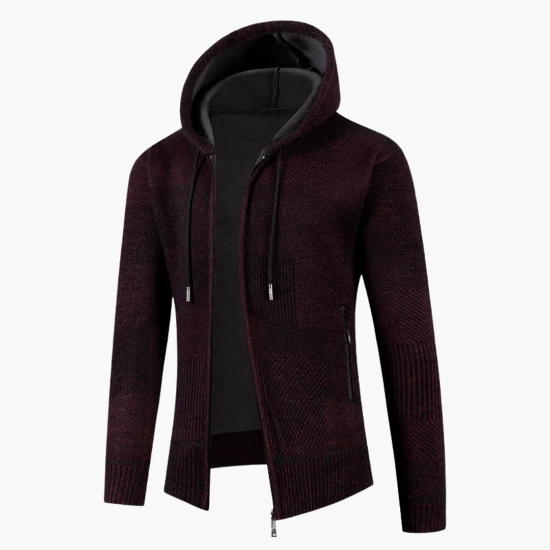 Men's hooded cardigan grey premium knit adjustable drawstring hood ribbed cuffs full button front