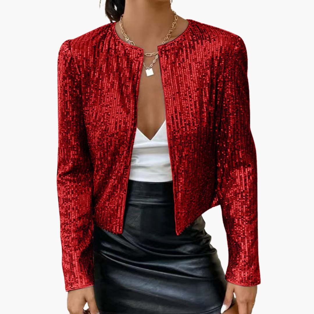 Women's silver sequin cardigan fitted silhouette front opening glitter shimmer layer for evening looks