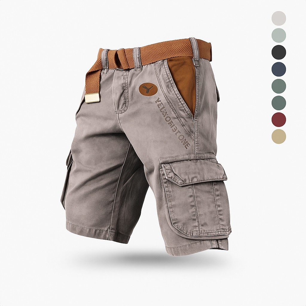 Men's stretch cargo shorts in neutral tone, relaxed fit with multi-pocket layout for hiking and outdoor use