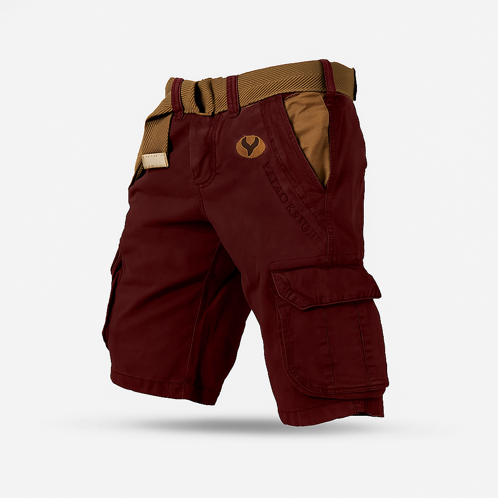 Men's stretch cargo shorts in neutral tone with multi-pocket design for hiking and outdoor activities