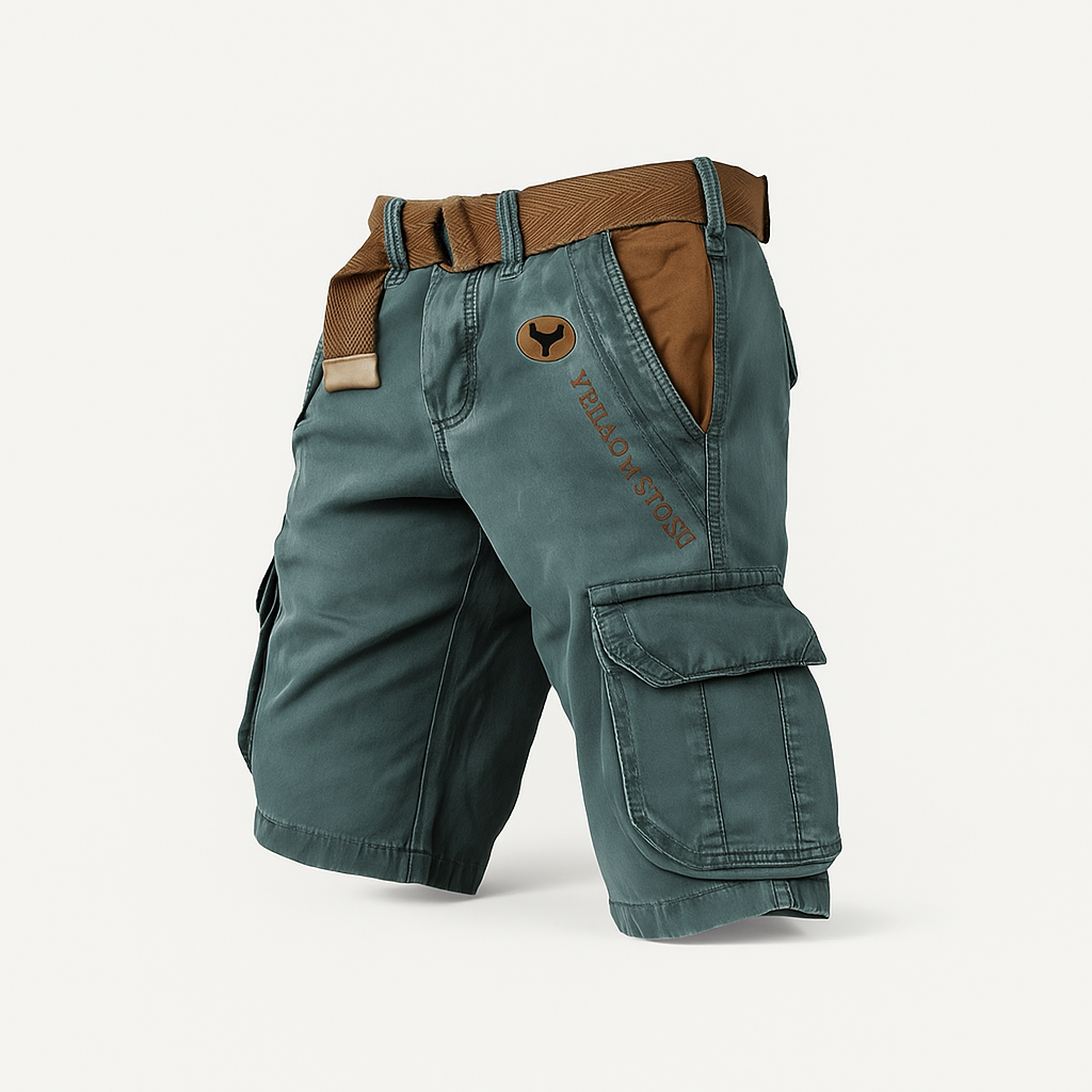 Men's stretch cargo shorts in neutral tone, relaxed outdoor fit with multi-pocket design for hiking
